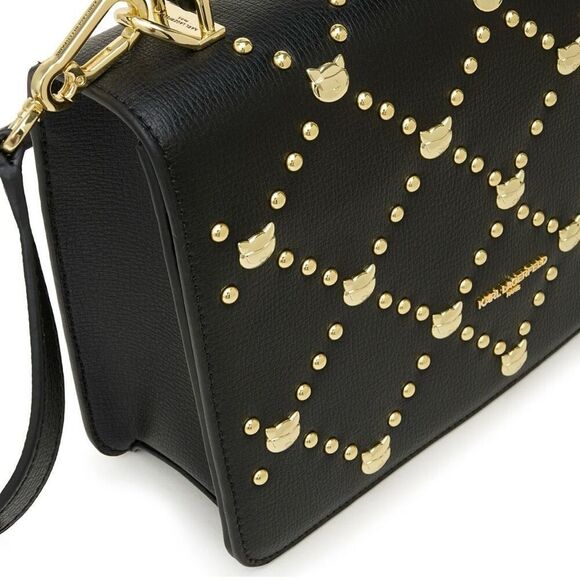 Karl Lagerfeld Paris Simone Gold Cat Studded Leather Crossbody Purse Handbag Bla - Picture 2 of 11